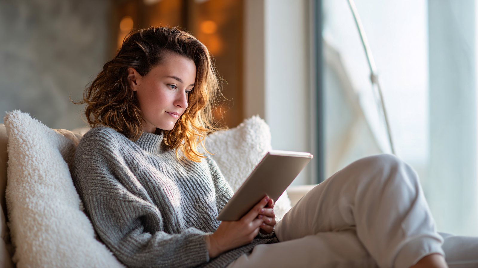 Reading in the app — young woman with a tablet in warm light