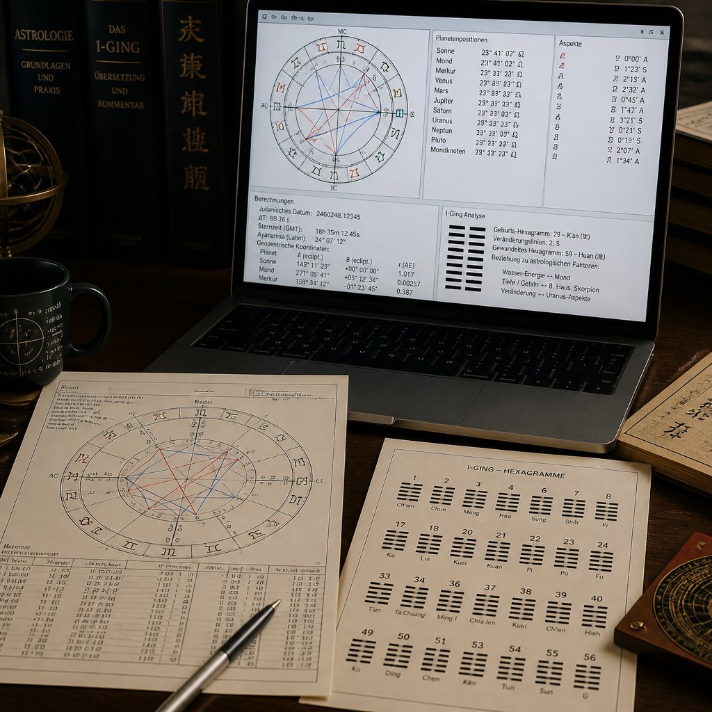 Depth analysis — birth chart and I Ching evaluation on the desk