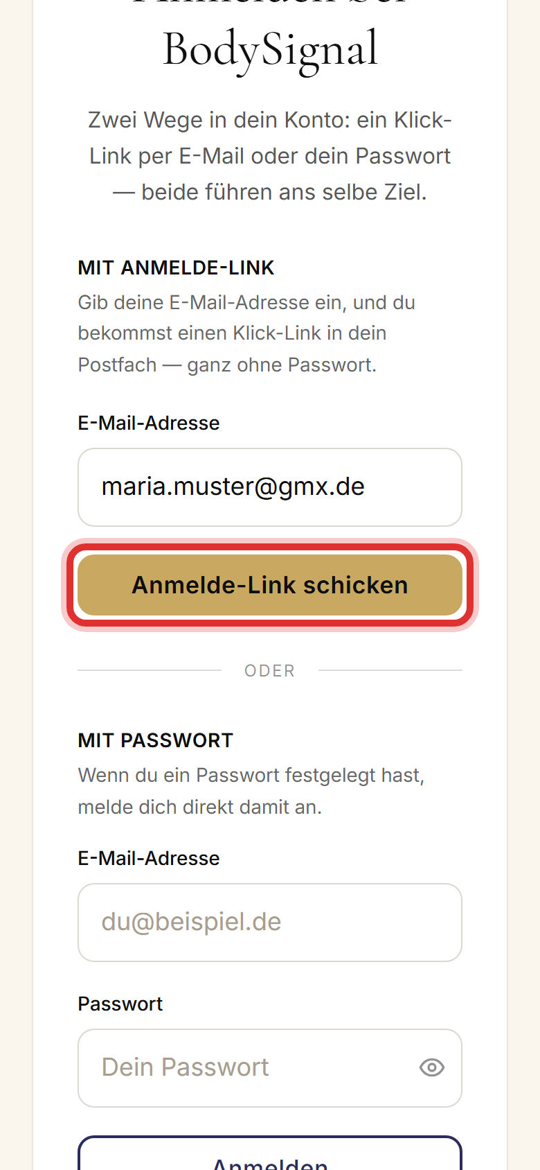 Der goldene Knopf Anmelde-Link schicken, rot eingekreist
