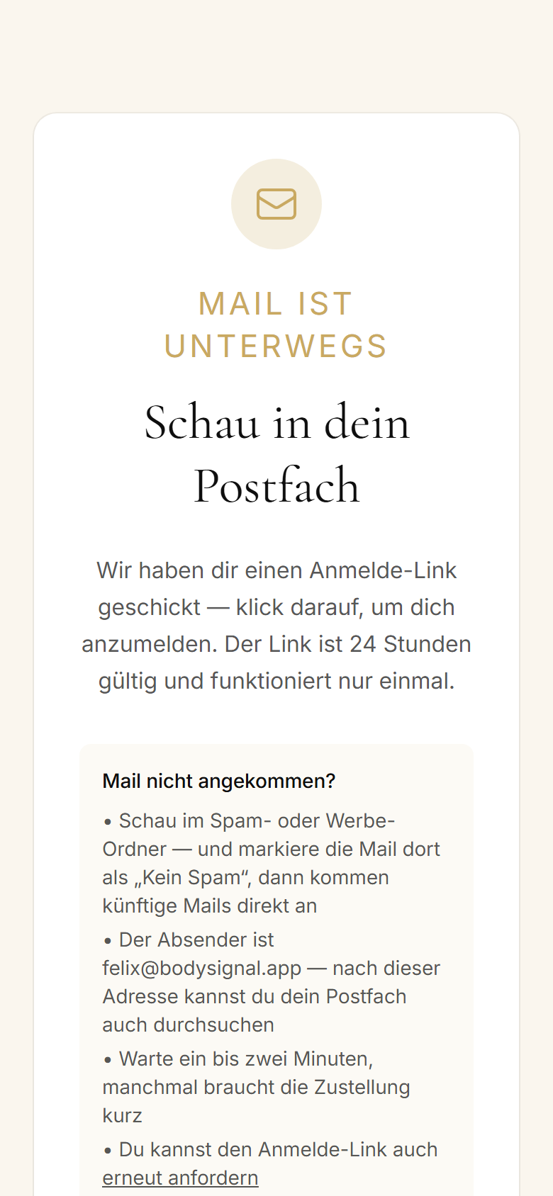 Der Hinweis, dass die E-Mail unterwegs ist