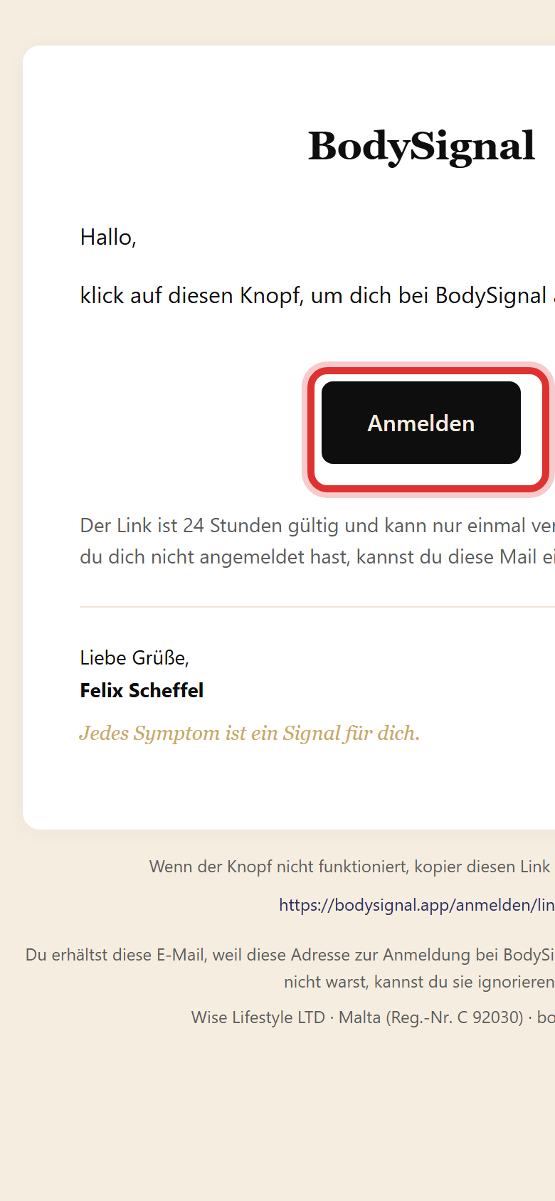 Die Anmelde-E-Mail mit dem schwarzen Knopf Anmelden, rot eingekreist