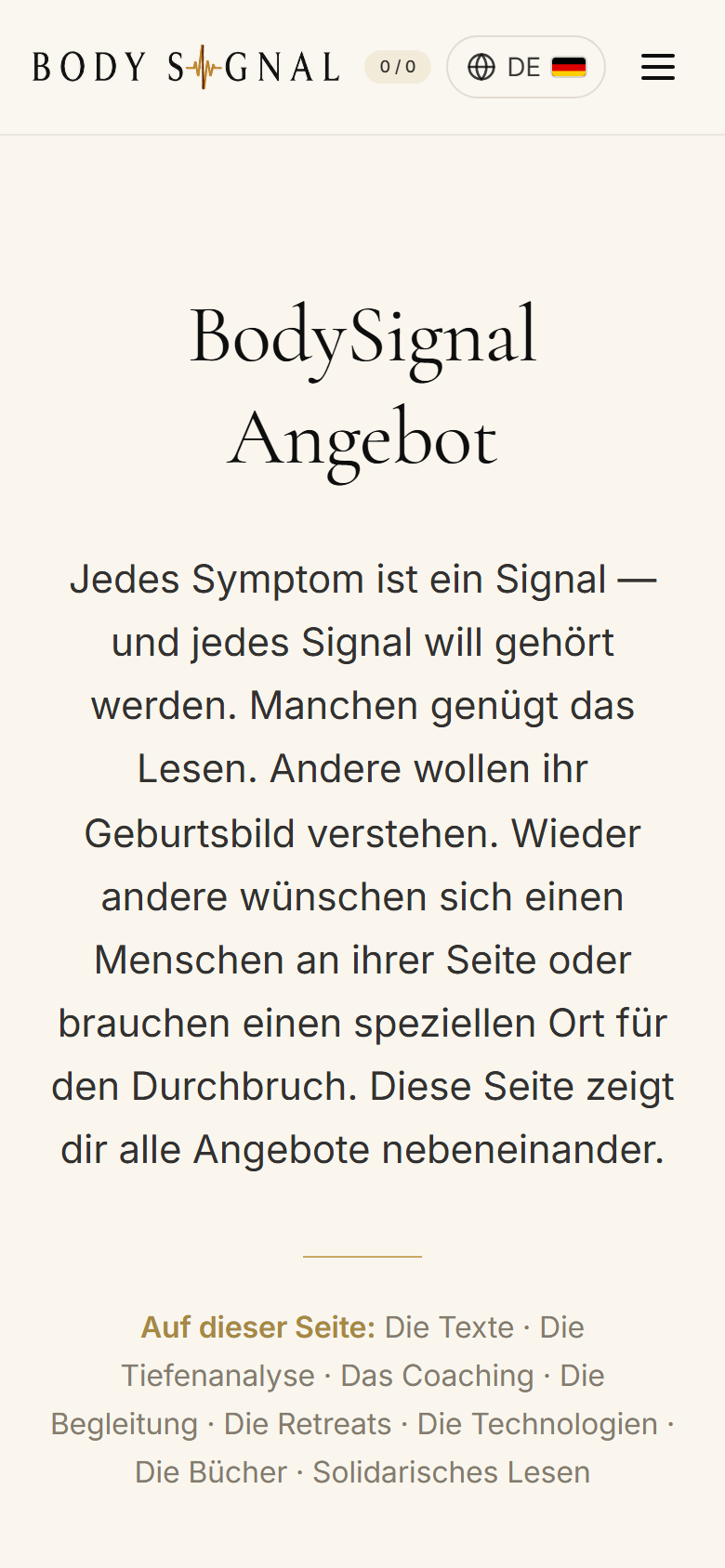 Die Angebotsseite von BodySignal