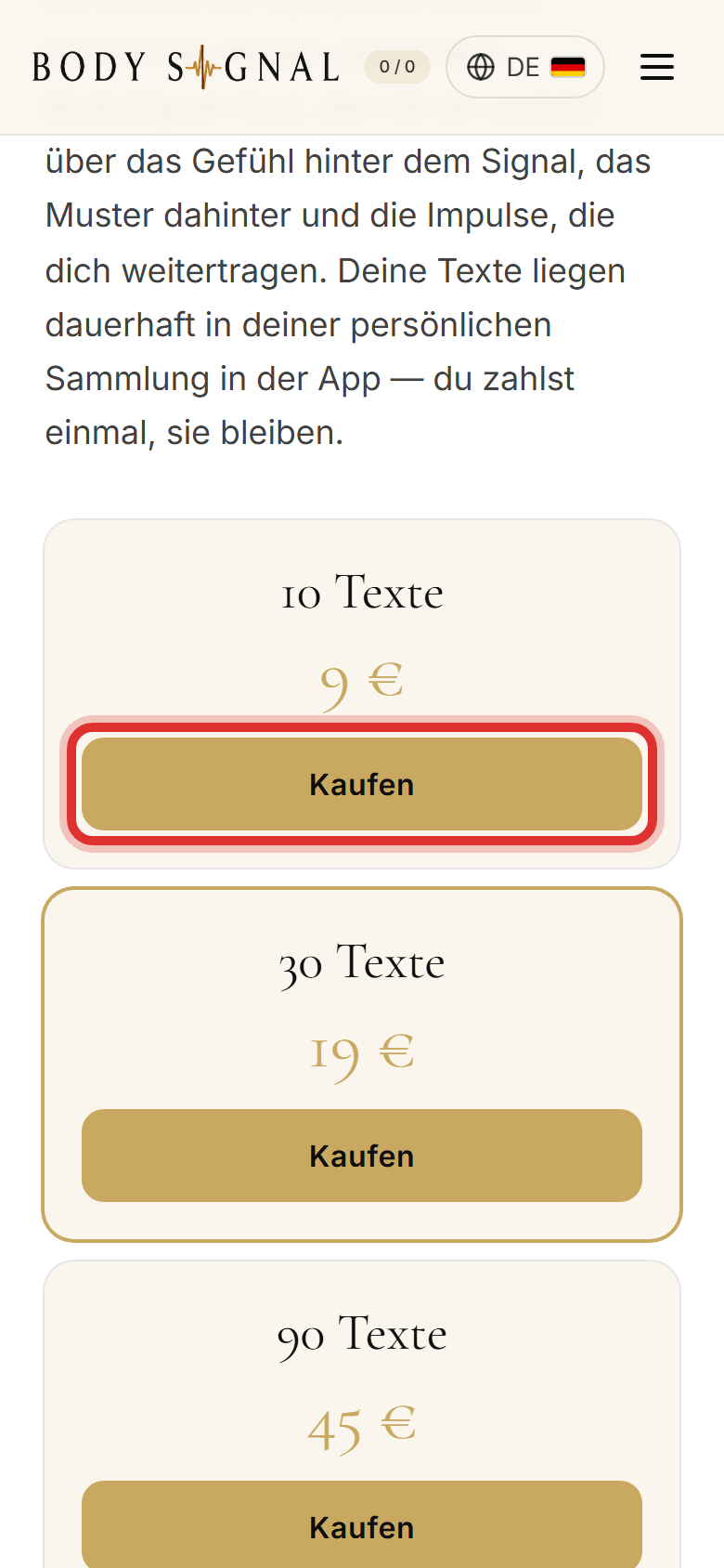 Die drei Pakete, beim ersten ist der Knopf Kaufen rot eingekreist