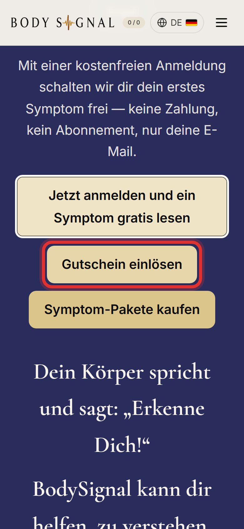 Die Startseite mit dem Knopf Gutschein einlösen, rot eingekreist