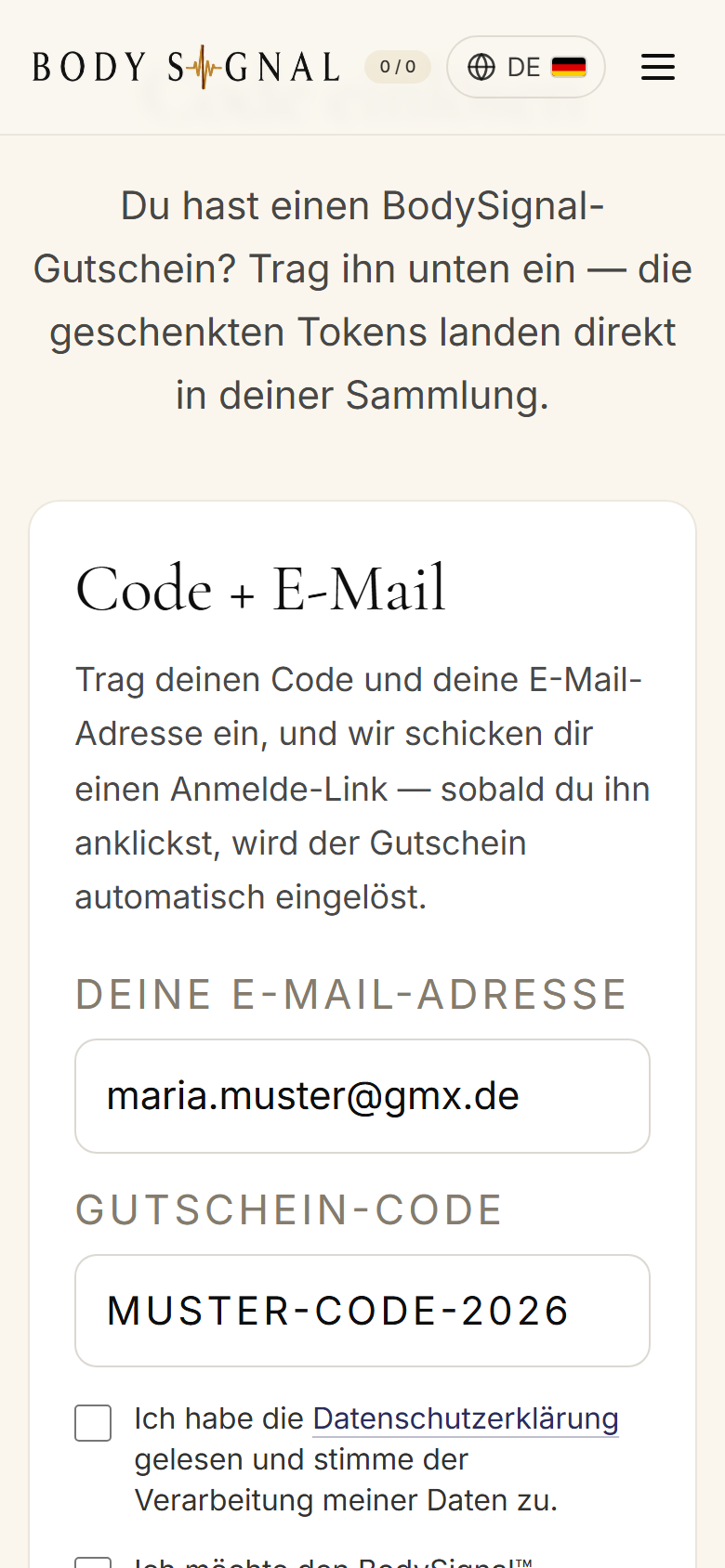 Das Formular mit ausgefüllter E-Mail-Adresse und einem Muster-Code