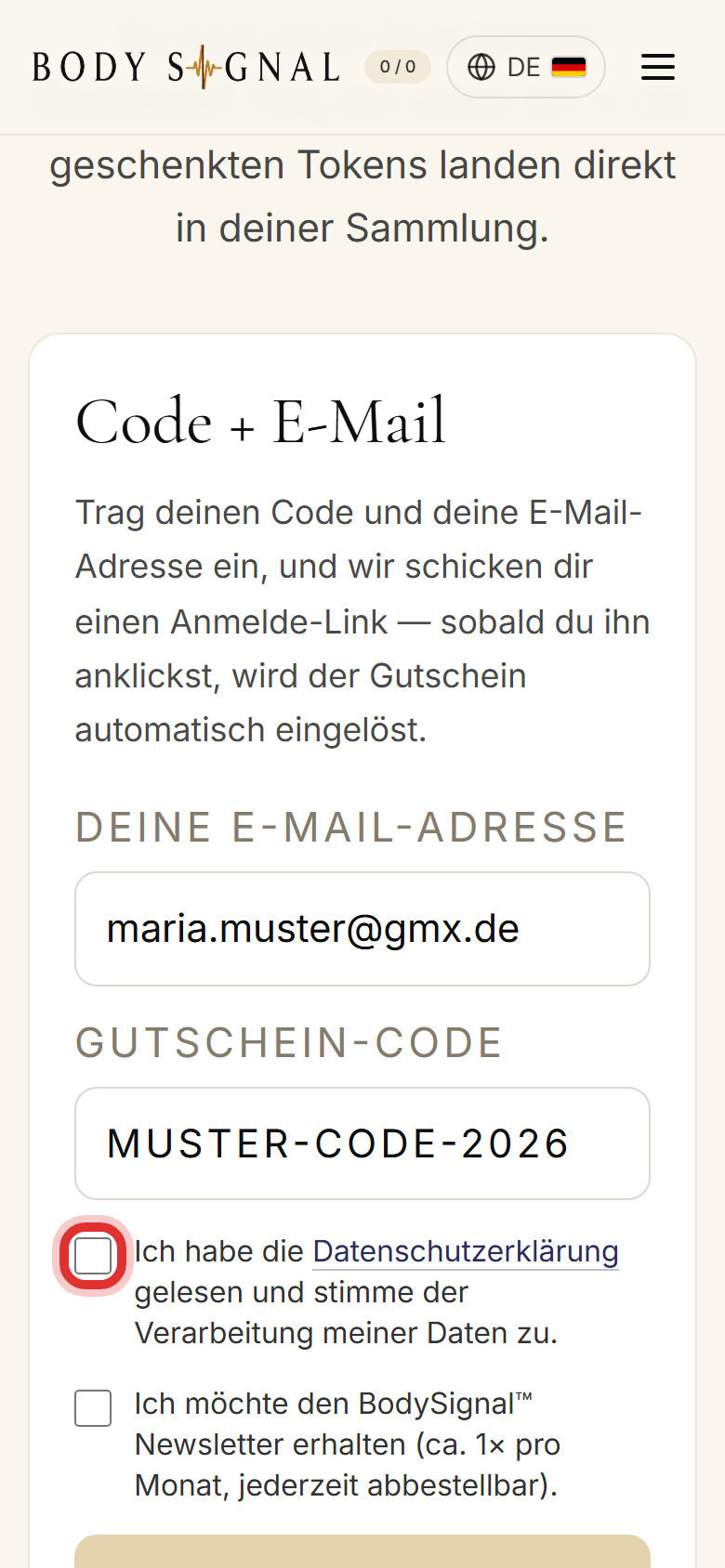 Das Kästchen für die Datenschutzerklärung, rot eingekreist