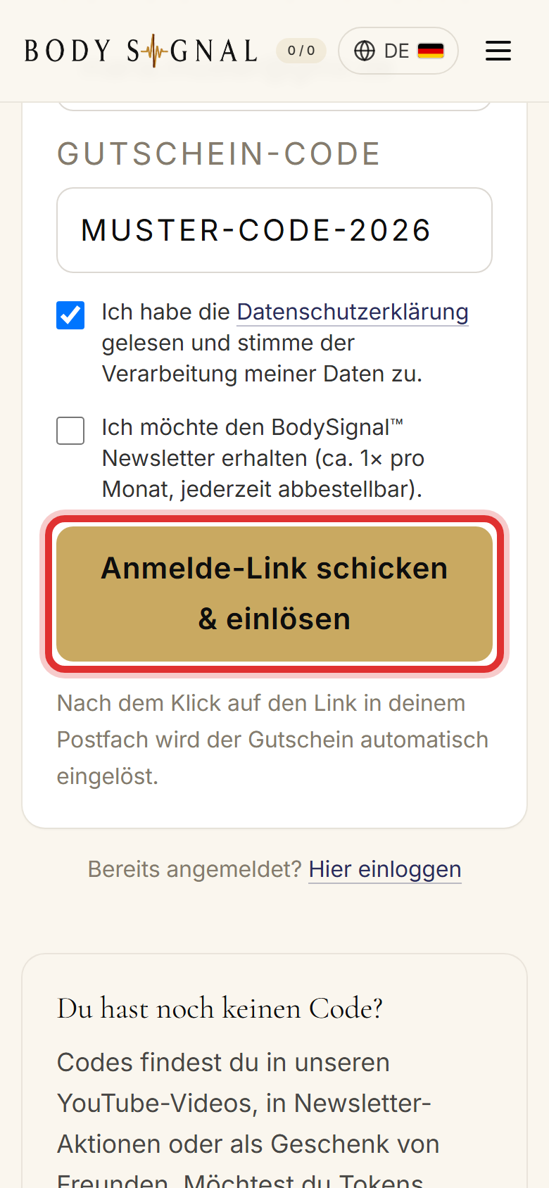 Der goldene Knopf zum Einlösen, rot eingekreist