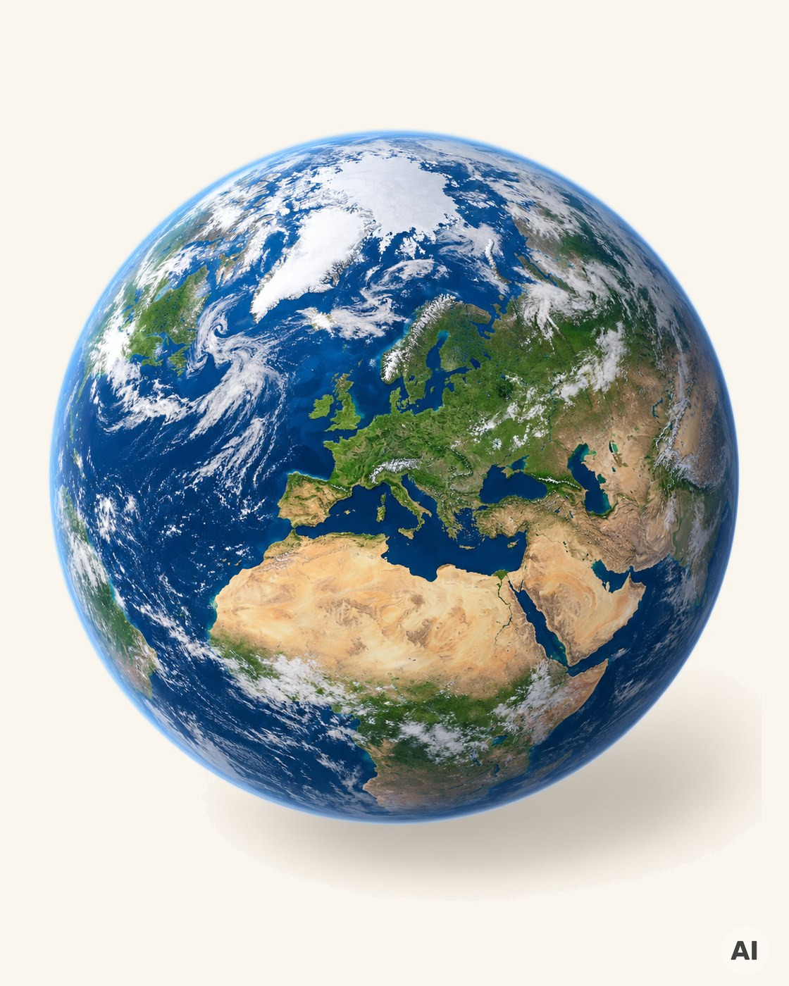 The Earth as a globe, with Europe and the northern hemisphere in view